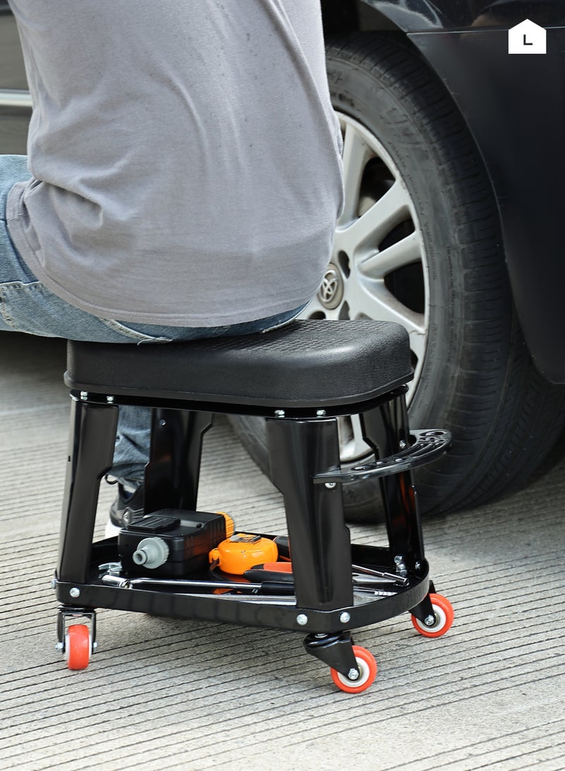 LAWAZIM Garage Mechanic Stool with Storage Tray and Tool Rack - 41.5x27x35cm - Rolling Garage Work Seat with 130kg Capacity and 360° Swivel Caster Wheels - Ideal for Car Detailing, Repairs, Workshops - Image 5